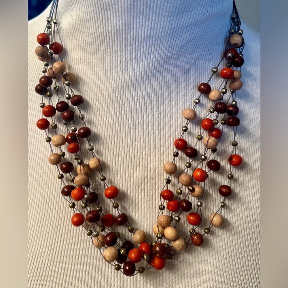 Vtg  fashion wood beaded 5 strand Necklace; orange brown & tan w gold tone beads